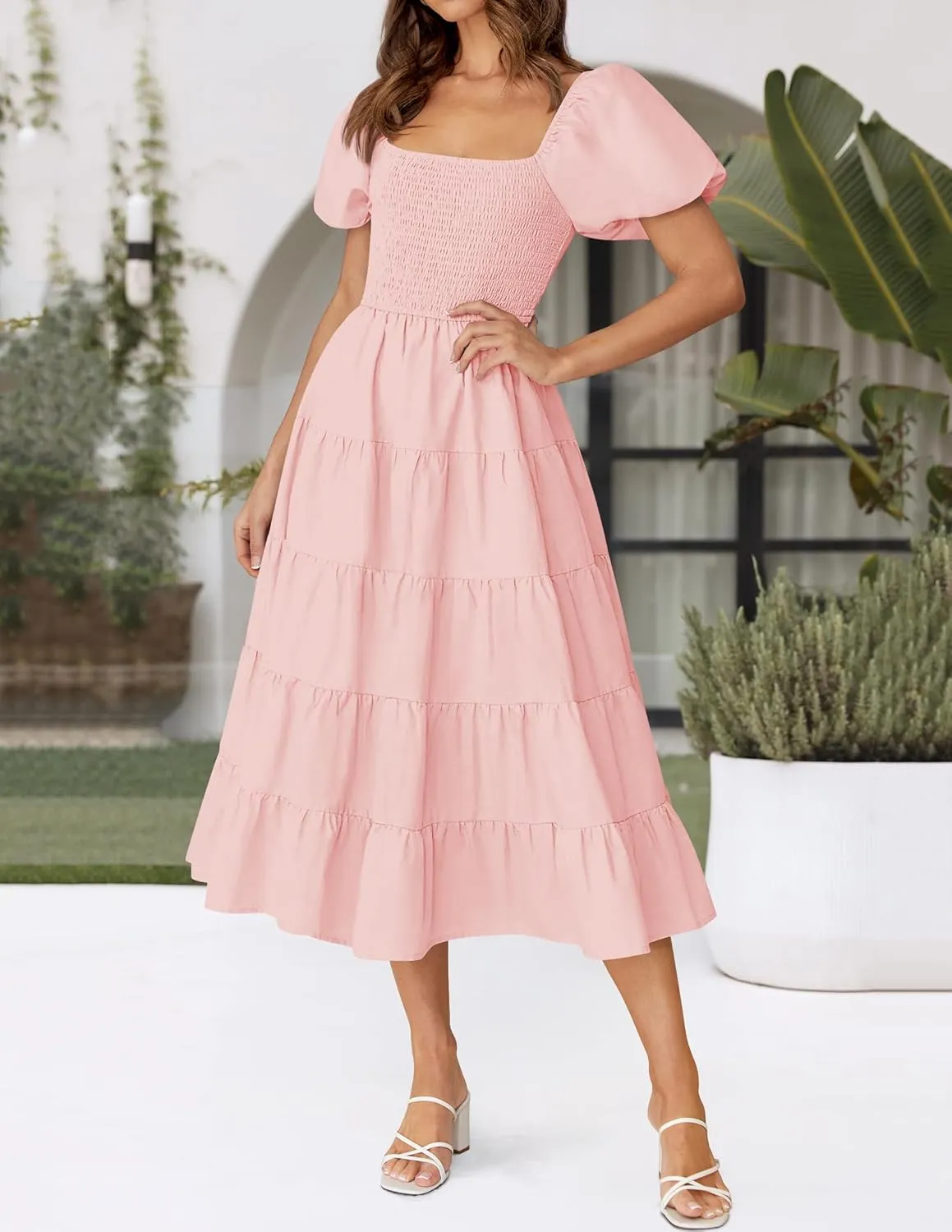 ZESICA Women's 2025 Summer Square Neck Short Puff Sleeve Solid Color High Waist Casual Smocked Flowy A Line Tiered Midi Dress