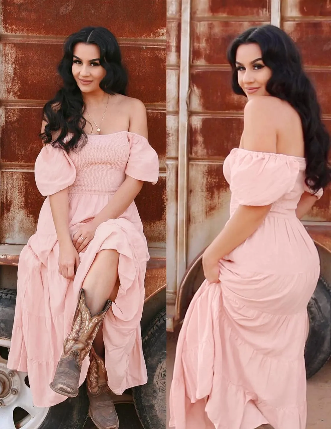 ZESICA Women's 2025 Summer Square Neck Short Puff Sleeve Solid Color High Waist Casual Smocked Flowy A Line Tiered Midi Dress