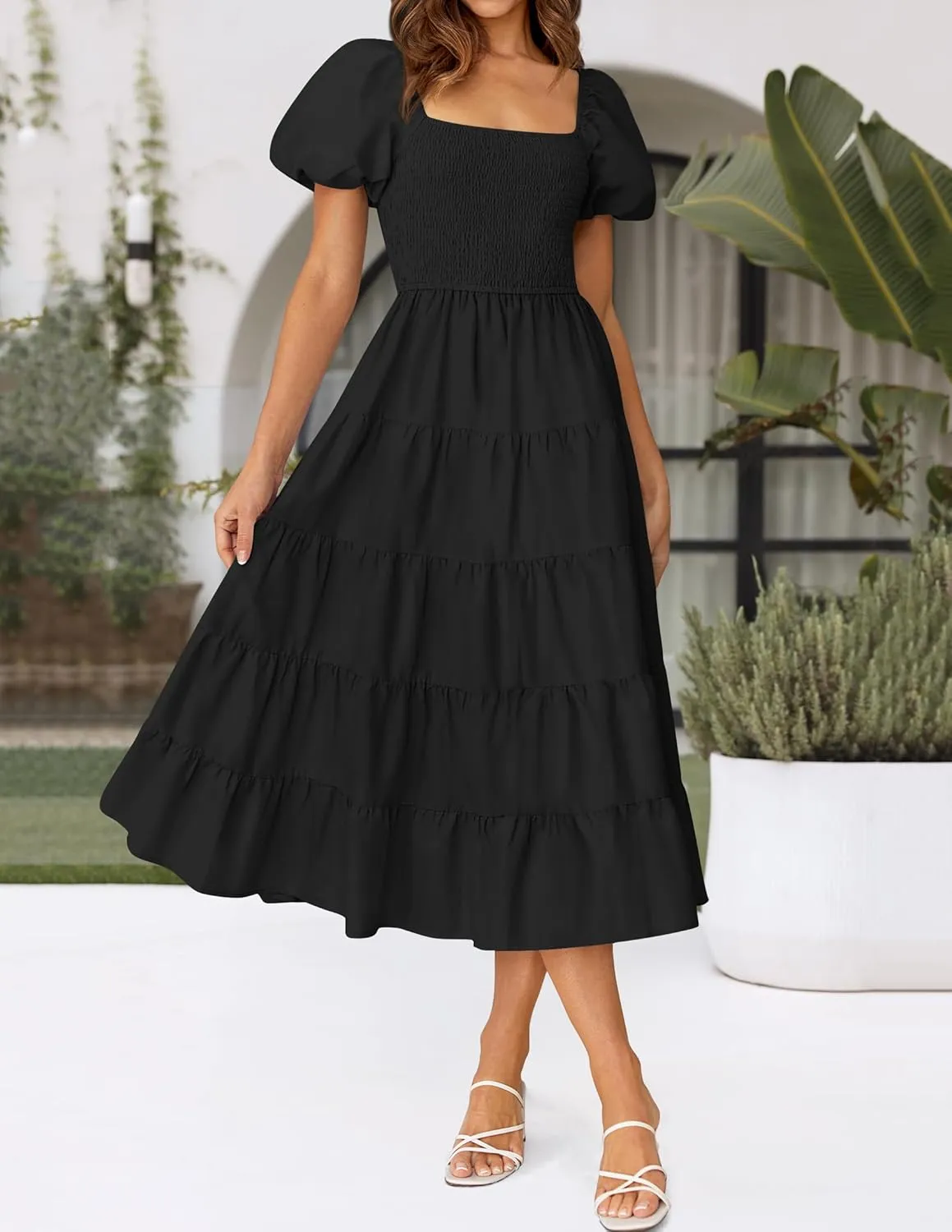 ZESICA Women's 2025 Summer Square Neck Short Puff Sleeve Solid Color High Waist Casual Smocked Flowy A Line Tiered Midi Dress
