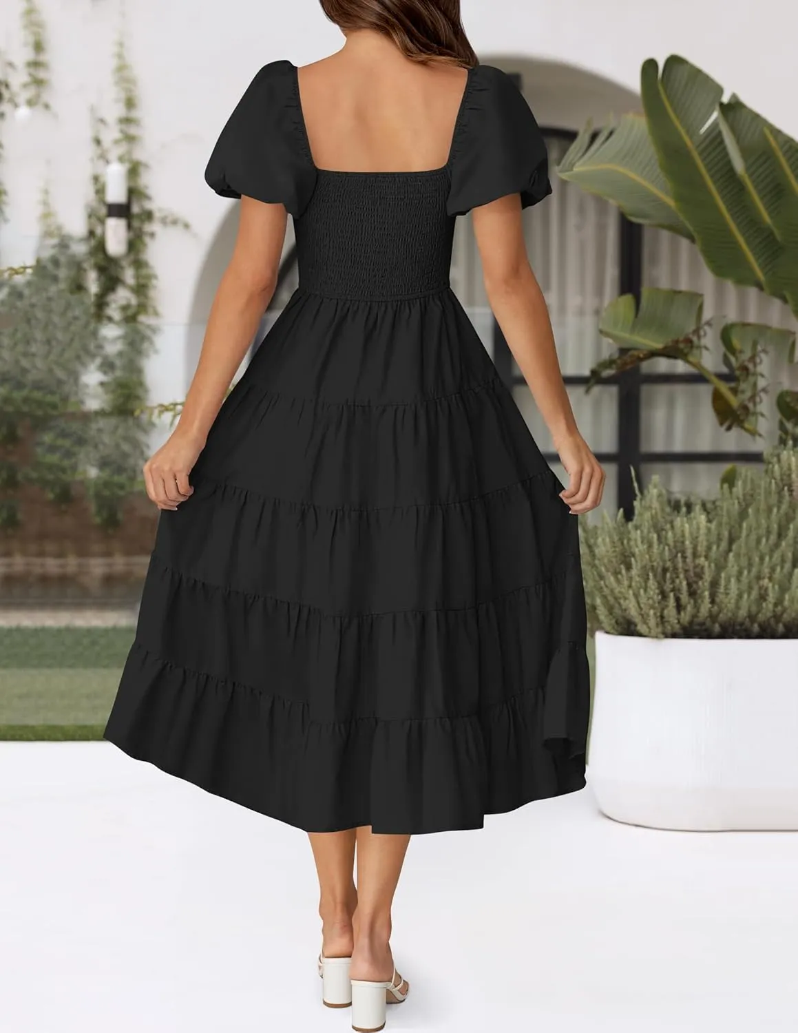 ZESICA Women's 2025 Summer Square Neck Short Puff Sleeve Solid Color High Waist Casual Smocked Flowy A Line Tiered Midi Dress