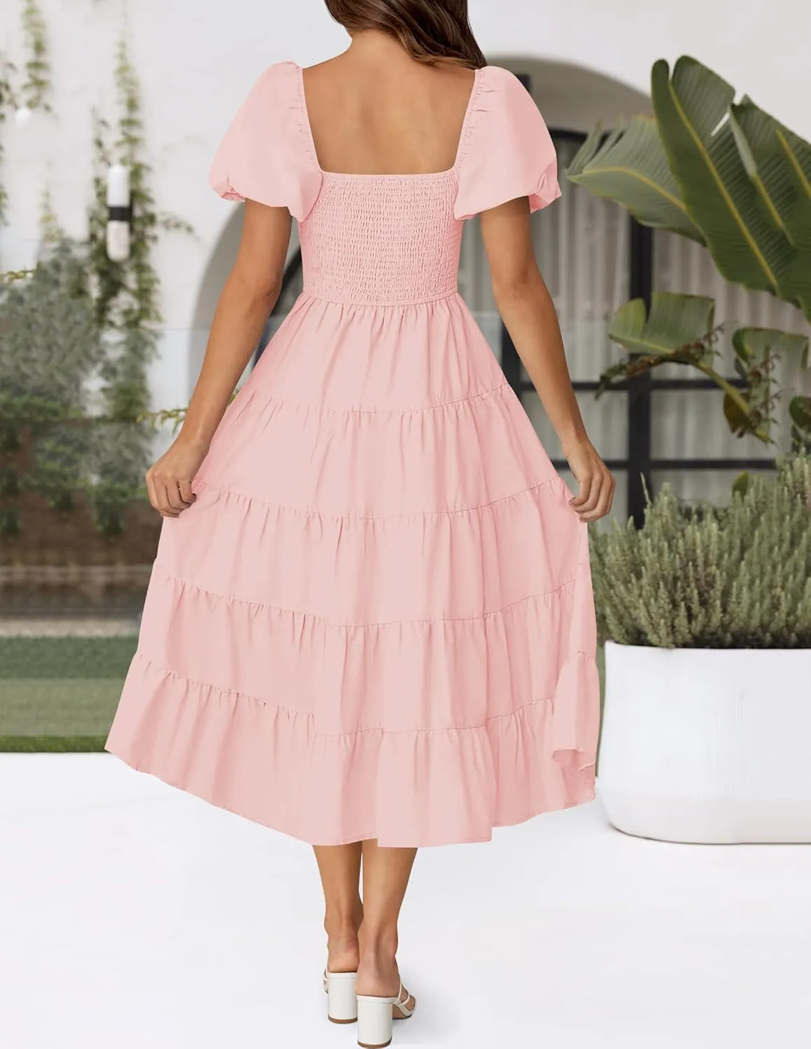 ZESICA Women's 2025 Summer Square Neck Short Puff Sleeve Solid Color High Waist Casual Smocked Flowy A Line Tiered Midi Dress