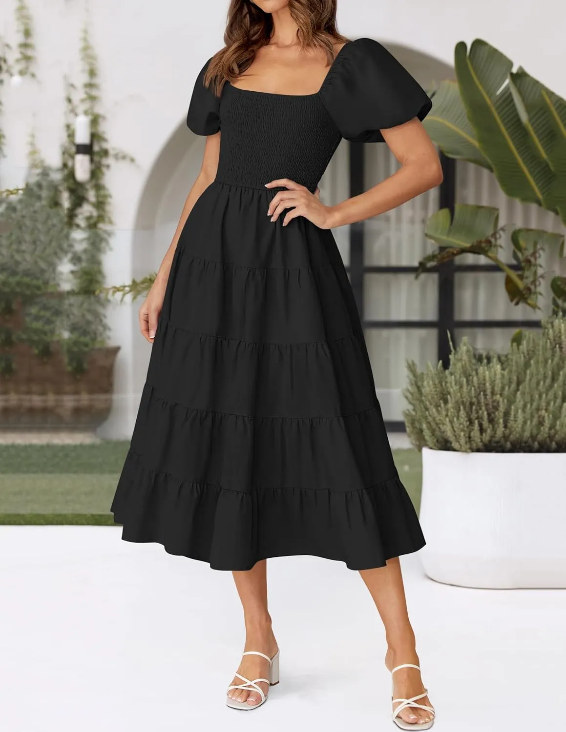 ZESICA Women's 2025 Summer Square Neck Short Puff Sleeve Solid Color High Waist Casual Smocked Flowy A Line Tiered Midi Dress