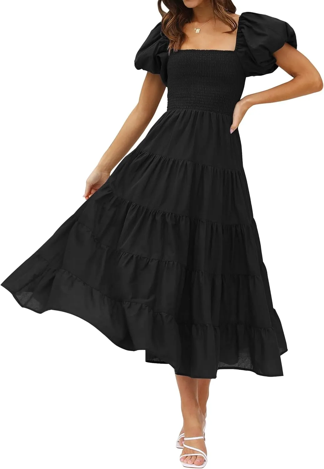ZESICA Women's 2025 Summer Square Neck Short Puff Sleeve Solid Color High Waist Casual Smocked Flowy A Line Tiered Midi Dress