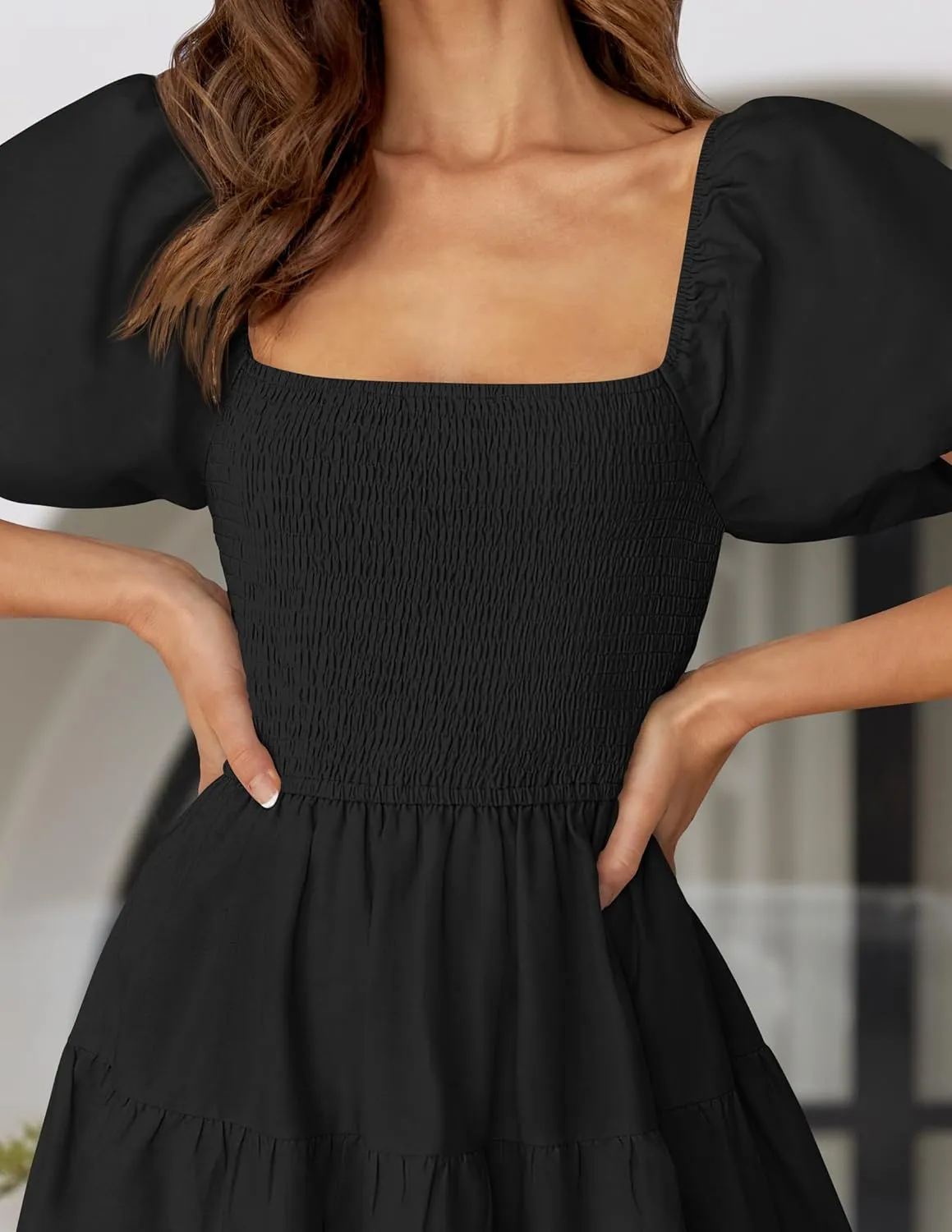 ZESICA Women's 2025 Summer Square Neck Short Puff Sleeve Solid Color High Waist Casual Smocked Flowy A Line Tiered Midi Dress