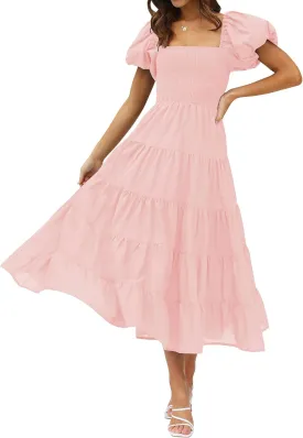 ZESICA Women's 2025 Summer Square Neck Short Puff Sleeve Solid Color High Waist Casual Smocked Flowy A Line Tiered Midi Dress