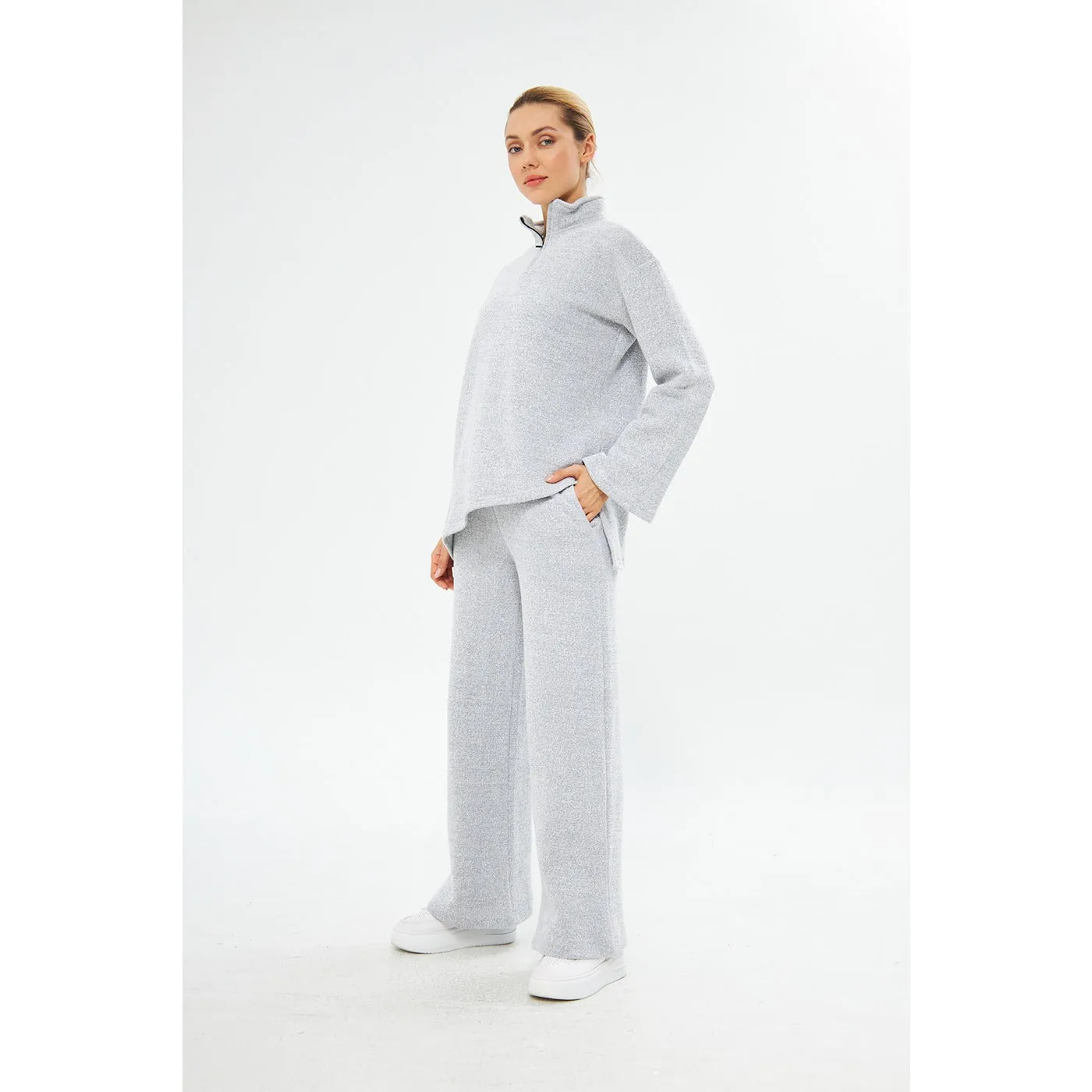 Zipper Cross Hem Grey Melange Sweatshirt